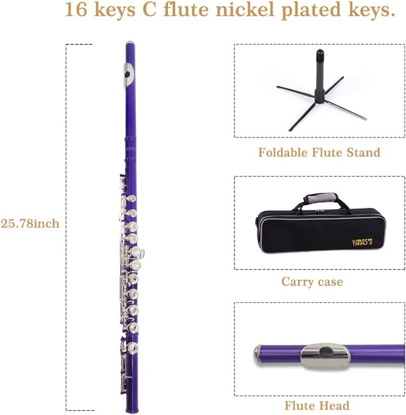 YANASON Purple C Flute Closed Hole 16 Keys Flute Nickel-Plated for Beginner, Student and Professionals with Carrying case, Metal stand, Gloves, Tuning Rod, Cleaning kit(Purple) - Image 2